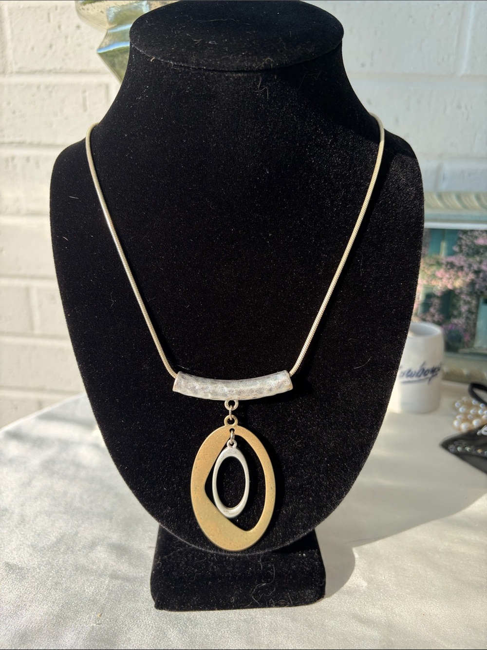 Two-Tone Oval Drop Necklace — Gold and Silver Pendant